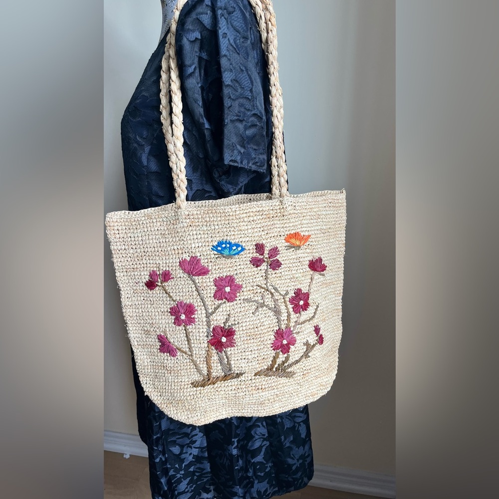 Embroidered Raffia Tote Bag in Natural with Pink Floral Accents